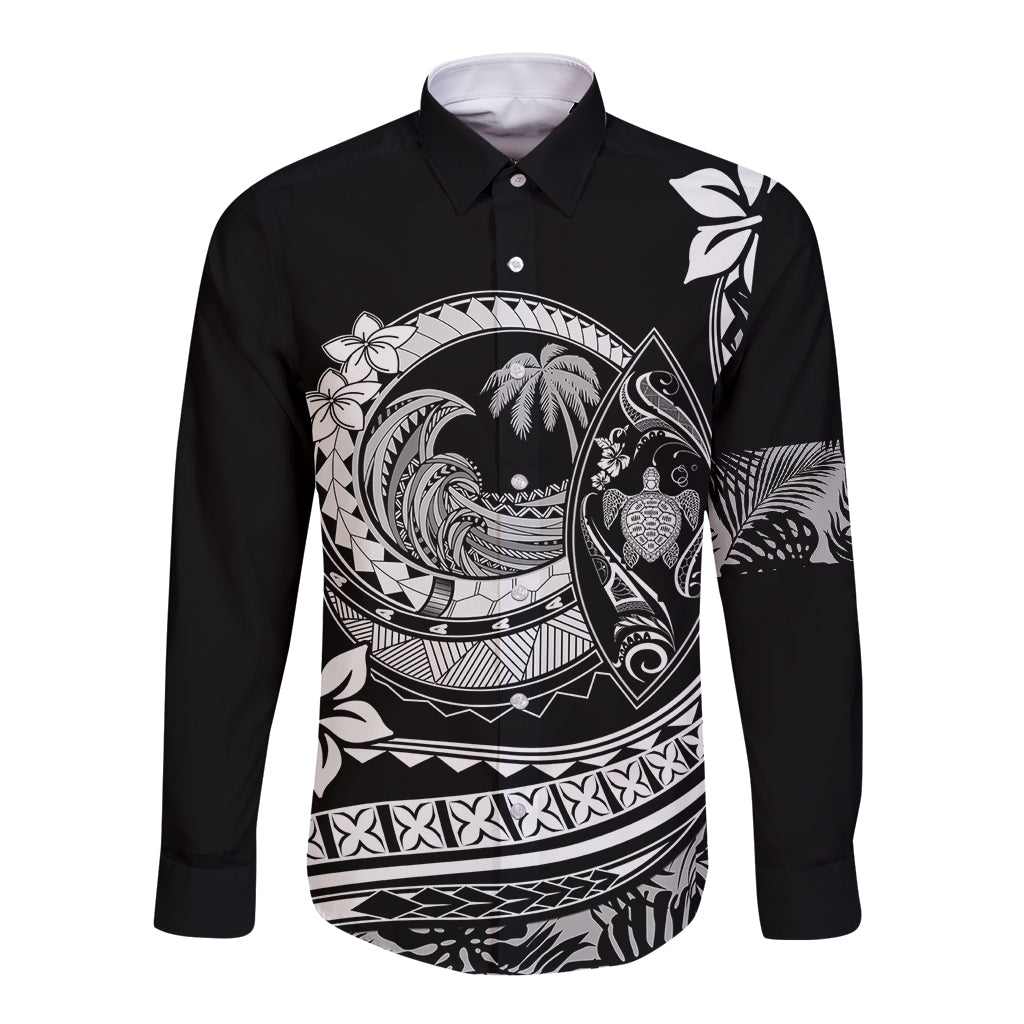 Polynesian Plumeria Long Sleeve Button Shirt Ride The Waves - Black LT7 Unisex Black - Polynesian Pride