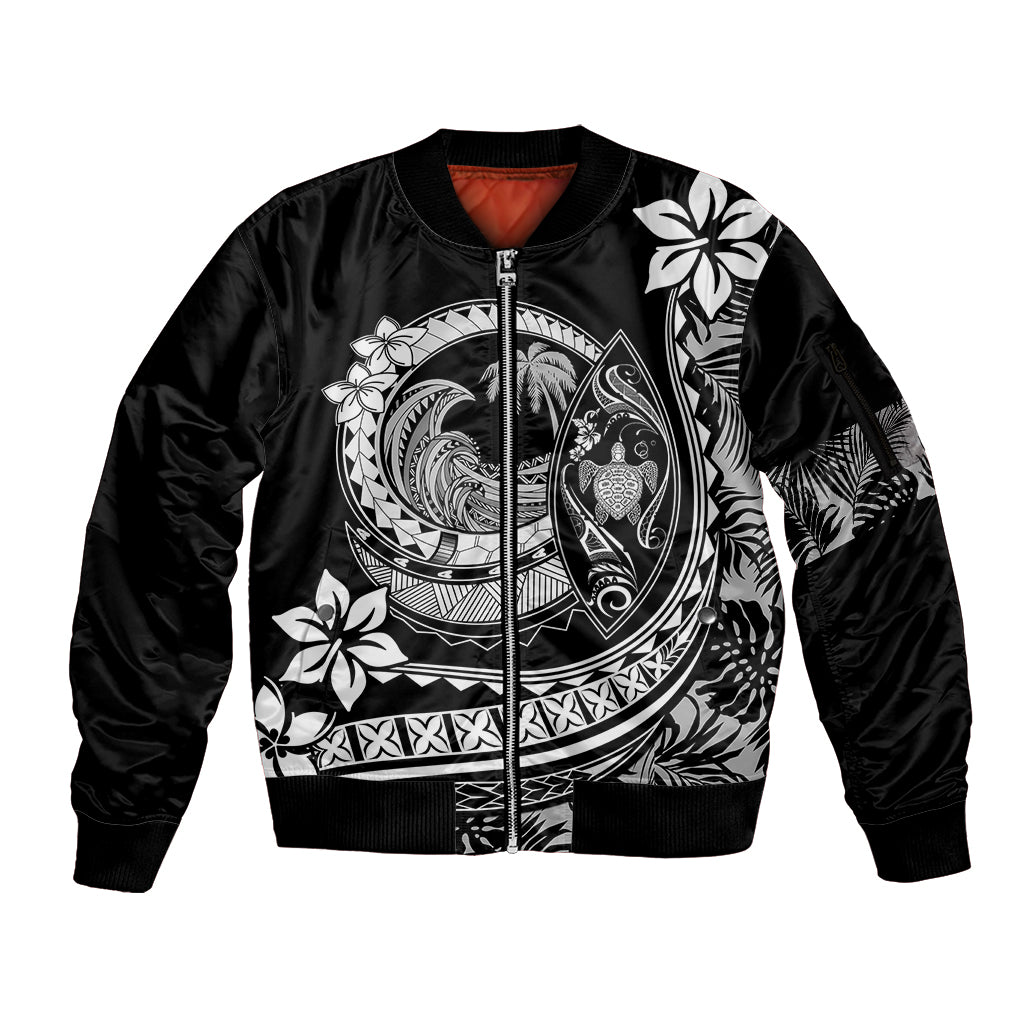 Polynesian Plumeria Sleeve Zip Bomber Jacket Ride The Waves - Black LT7 Unisex Black - Polynesian Pride