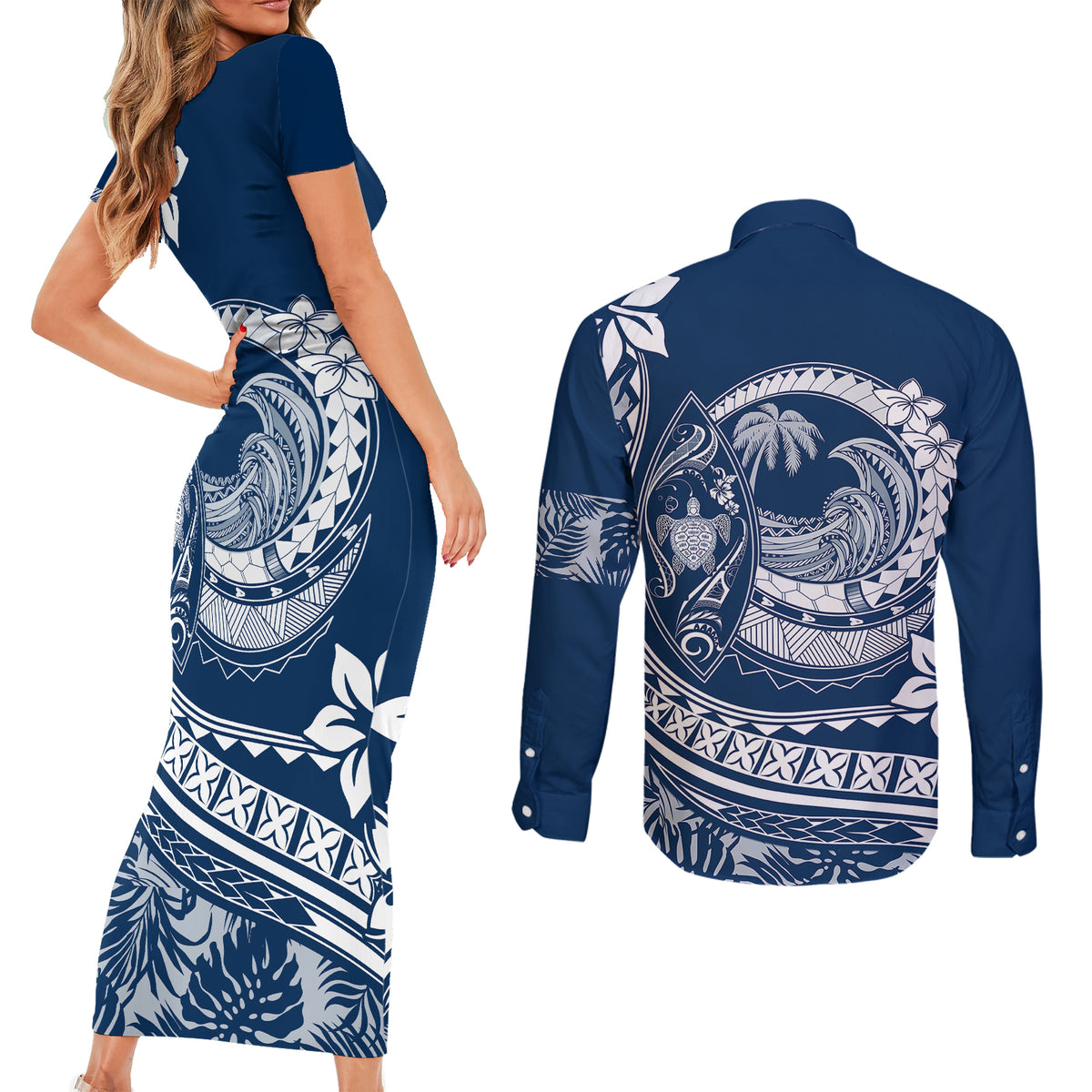 Polynesian Plumeria Couples Matching Short Sleeve Bodycon Dress and Long Sleeve Button Shirts Ride The Waves - Navy Blue LT7 - Polynesian Pride