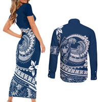 Polynesian Plumeria Couples Matching Short Sleeve Bodycon Dress and Long Sleeve Button Shirts Ride The Waves - Navy Blue LT7 - Polynesian Pride
