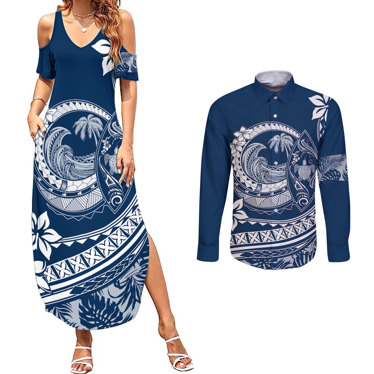 Polynesian Plumeria Couples Matching Summer Maxi Dress and Long Sleeve Button Shirts Ride The Waves - Navy Blue LT7 Navy Blue - Polynesian Pride