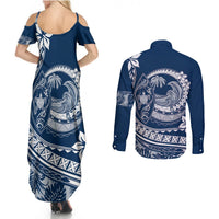 Polynesian Plumeria Couples Matching Summer Maxi Dress and Long Sleeve Button Shirts Ride The Waves - Navy Blue LT7 - Polynesian Pride