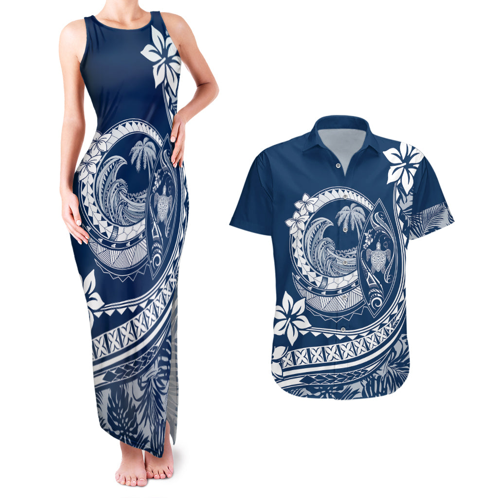 Polynesian Plumeria Couples Matching Tank Maxi Dress And Hawaiian Shirt Ride The Waves - Navy Blue LT7 Navy Blue - Polynesian Pride