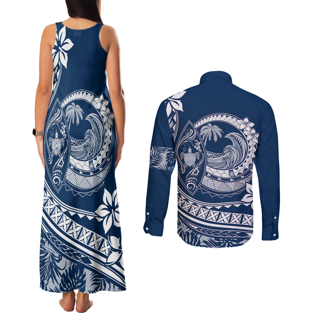 Polynesian Plumeria Couples Matching Tank Maxi Dress and Long Sleeve Button Shirts Ride The Waves - Navy Blue LT7 - Polynesian Pride