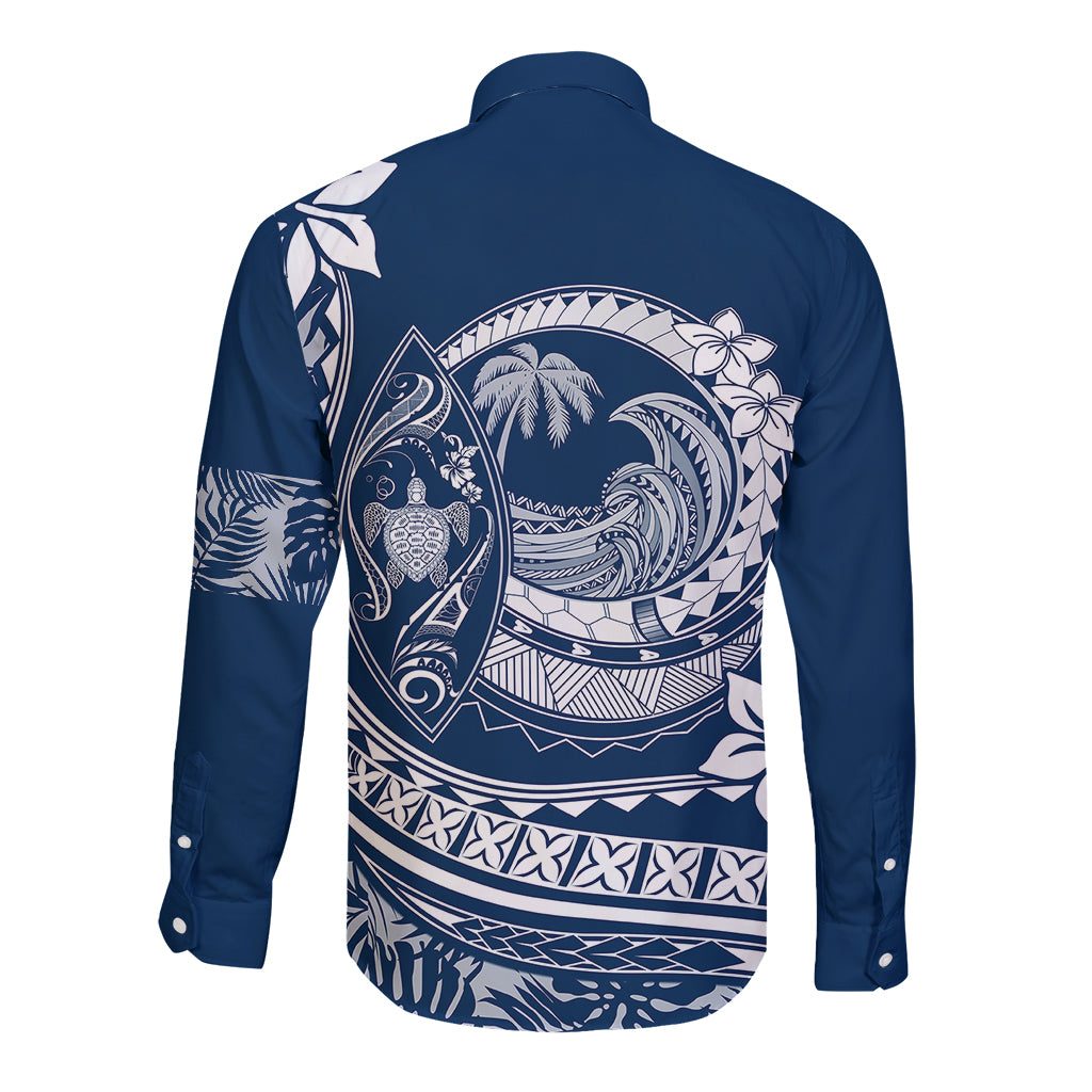 Polynesian Plumeria Long Sleeve Button Shirt Ride The Waves - Navy Blue LT7 - Polynesian Pride