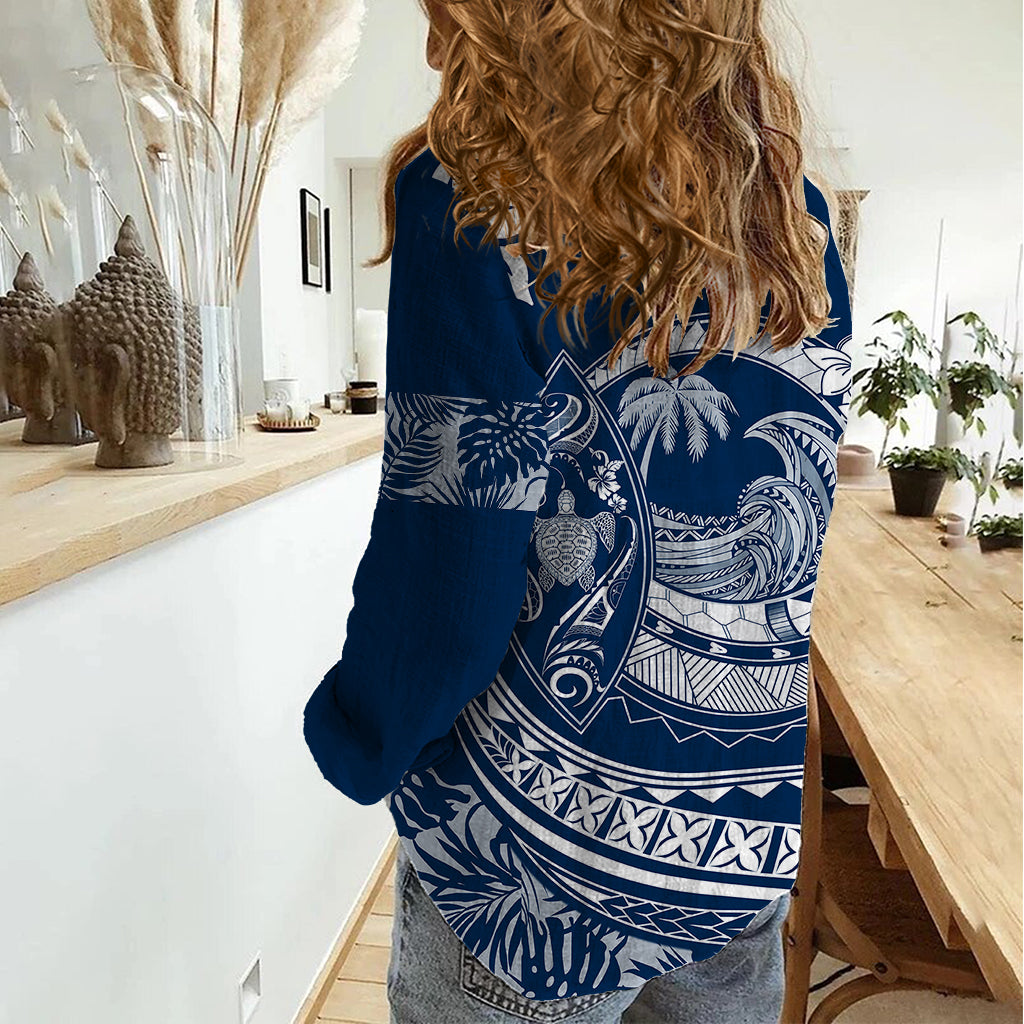 Polynesian Plumeria Women Casual Shirt Ride The Waves - Navy Blue LT7 - Polynesian Pride