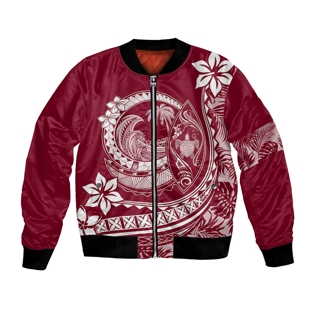 Polynesian Plumeria Bomber Jacket Ride The Waves - Burgundy LT7 Unisex Burgundy - Polynesian Pride