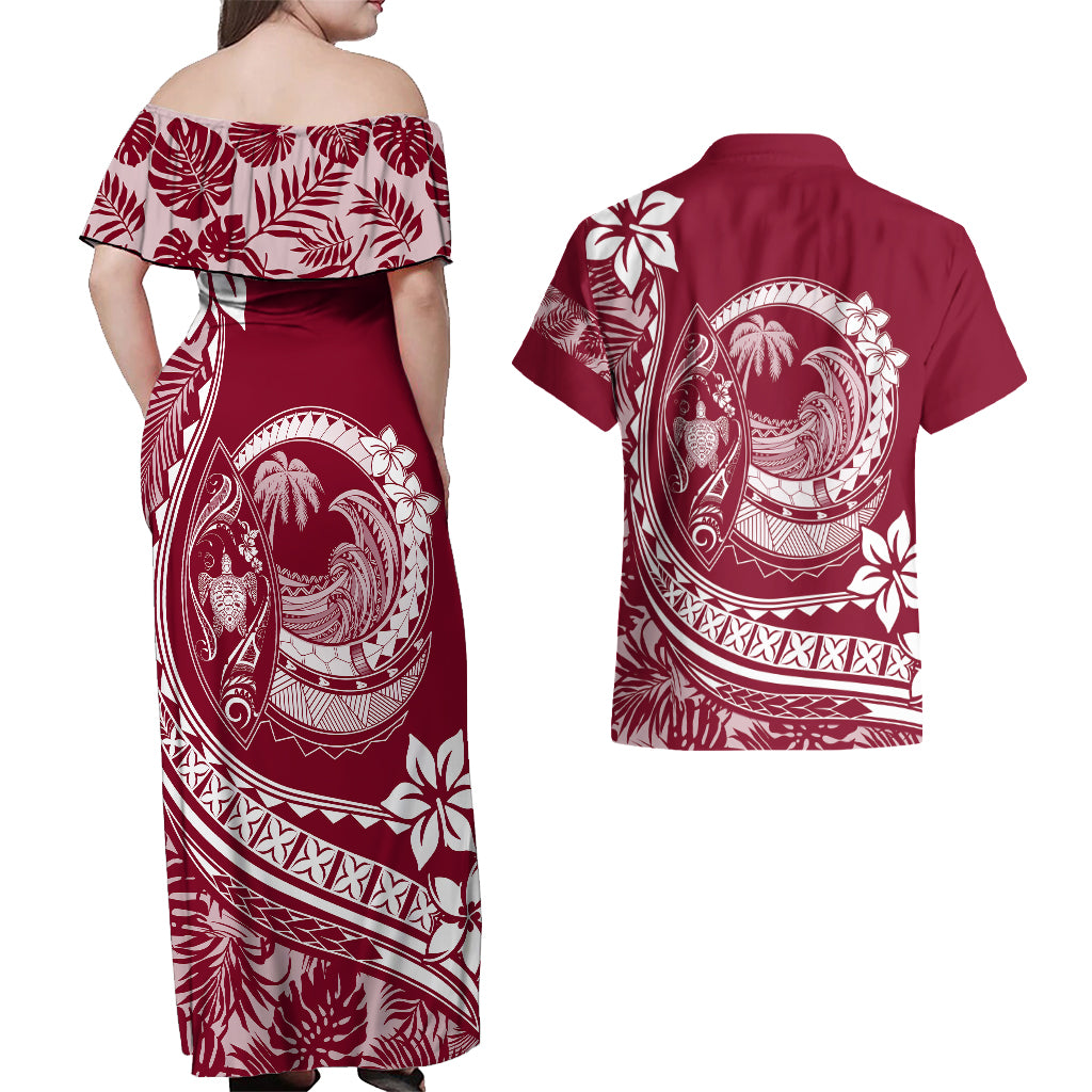 Polynesian Plumeria Couples Matching Off Shoulder Maxi Dress and Hawaiian Shirt Ride The Waves - Burgundy LT7 - Polynesian Pride