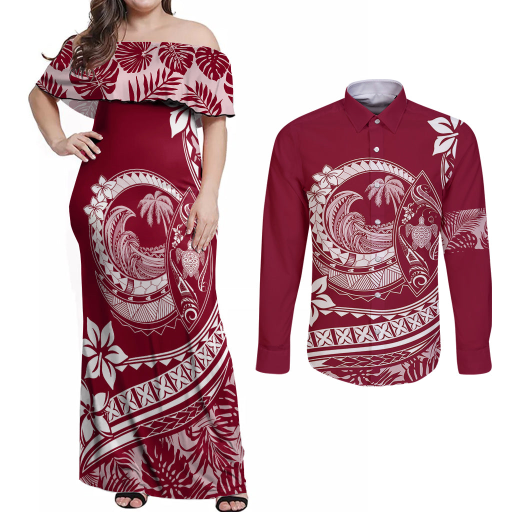 Polynesian Plumeria Couples Matching Off Shoulder Maxi Dress and Long Sleeve Button Shirts Ride The Waves - Burgundy LT7 Burgundy - Polynesian Pride
