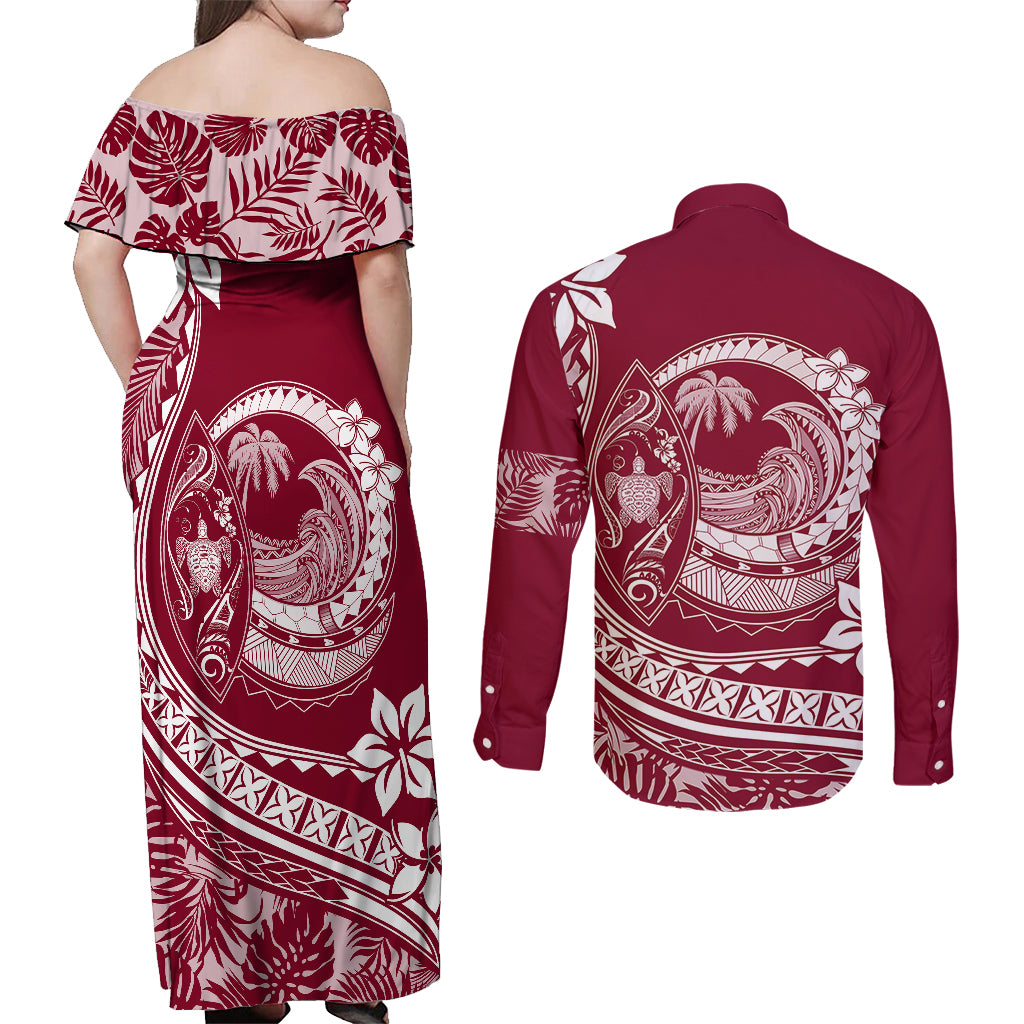 Polynesian Plumeria Couples Matching Off Shoulder Maxi Dress and Long Sleeve Button Shirts Ride The Waves - Burgundy LT7 - Polynesian Pride