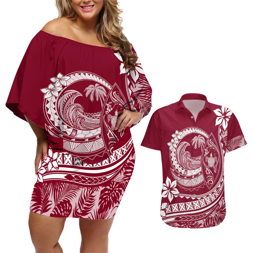 Polynesian Plumeria Couples Matching Off Shoulder Short Dress and Hawaiian Shirt Ride The Waves - Burgundy LT7 Burgundy - Polynesian Pride