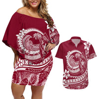 Polynesian Plumeria Couples Matching Off Shoulder Short Dress and Hawaiian Shirt Ride The Waves - Burgundy LT7 Burgundy - Polynesian Pride