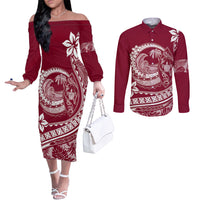 Polynesian Plumeria Couples Matching Off The Shoulder Long Sleeve Dress and Long Sleeve Button Shirts Ride The Waves - Burgundy LT7 Burgundy - Polynesian Pride