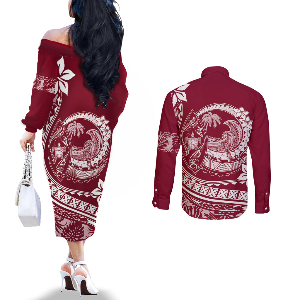 Polynesian Plumeria Couples Matching Off The Shoulder Long Sleeve Dress and Long Sleeve Button Shirts Ride The Waves - Burgundy LT7 - Polynesian Pride