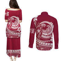 Polynesian Plumeria Couples Matching Puletasi Dress and Long Sleeve Button Shirts Ride The Waves - Burgundy LT7 - Polynesian Pride