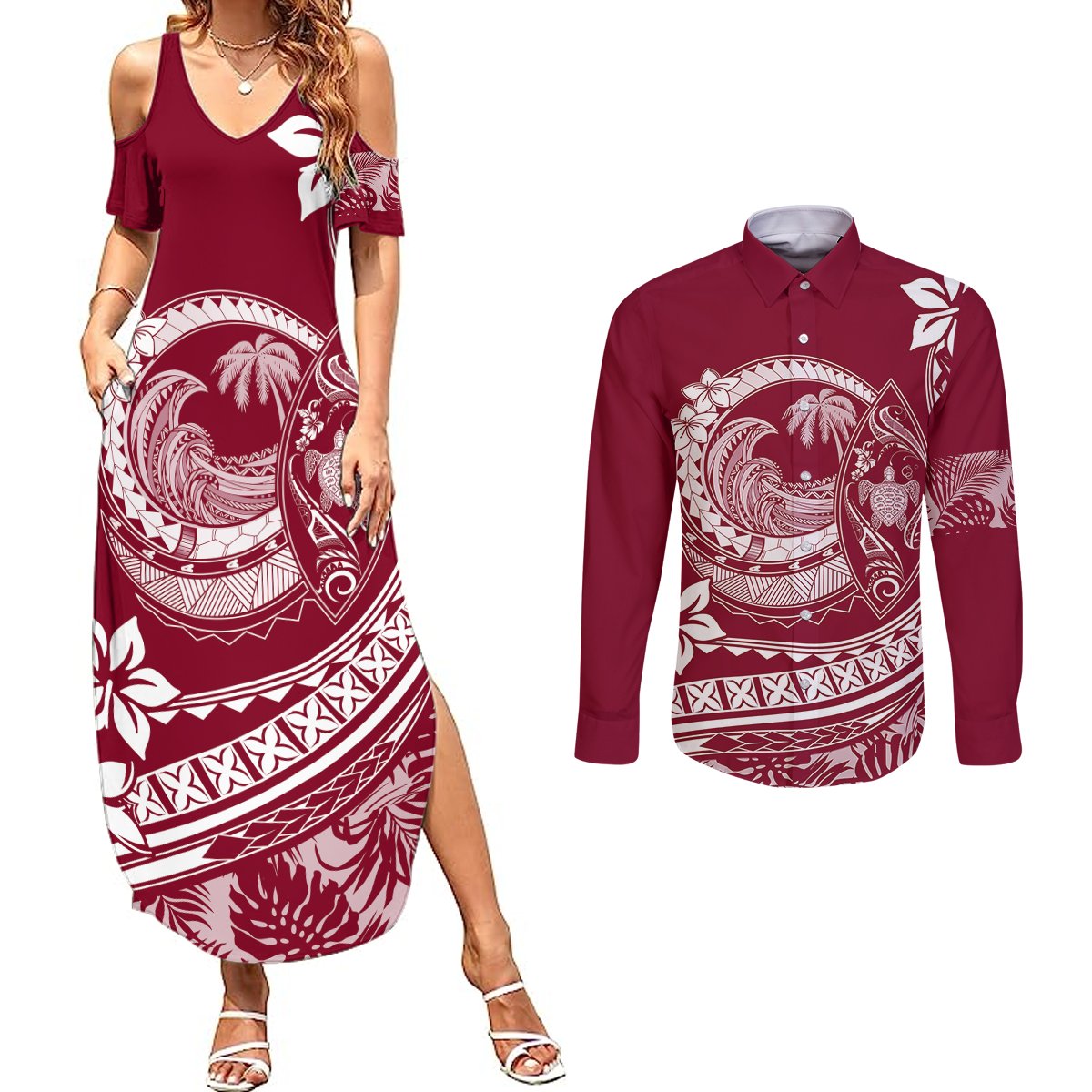 Polynesian Plumeria Couples Matching Summer Maxi Dress and Long Sleeve Button Shirts Ride The Waves - Burgundy LT7 Burgundy - Polynesian Pride