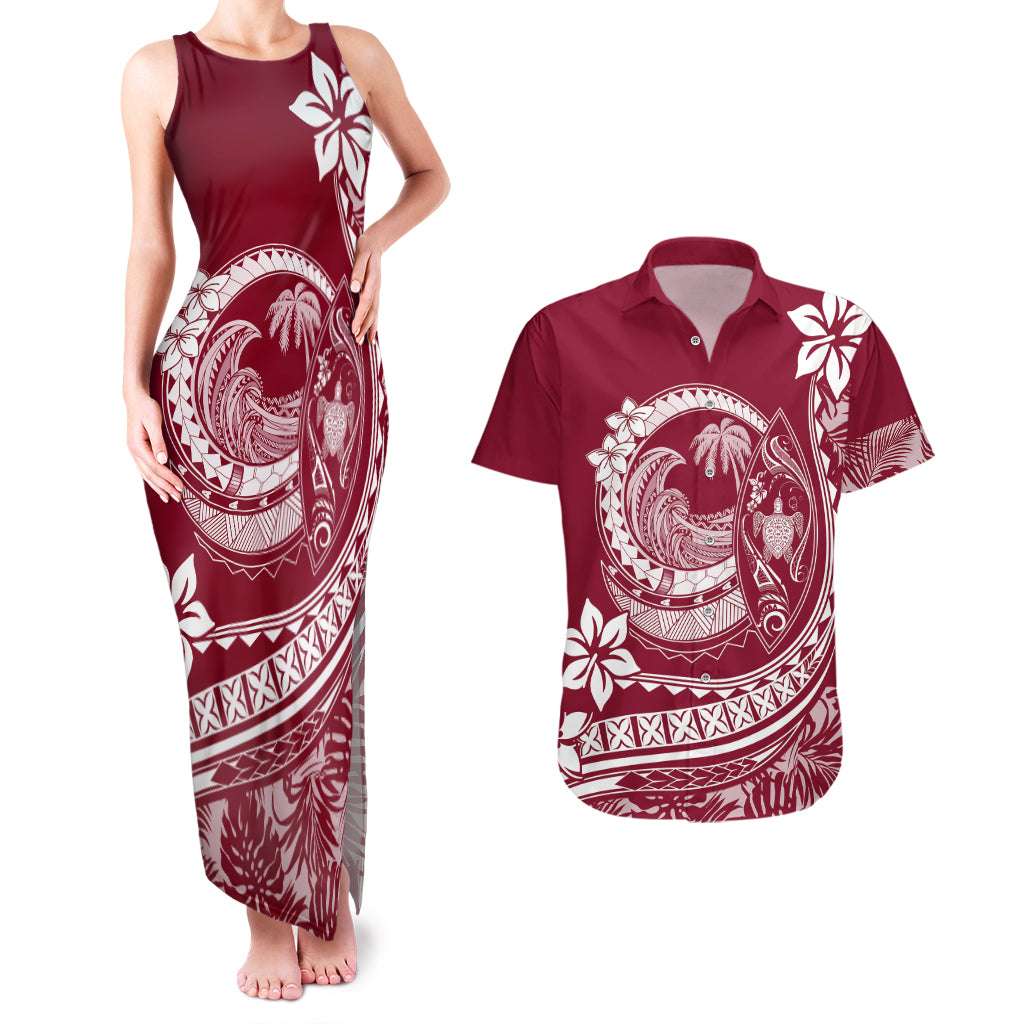 Polynesian Plumeria Couples Matching Tank Maxi Dress And Hawaiian Shirt Ride The Waves - Burgundy LT7 Burgundy - Polynesian Pride