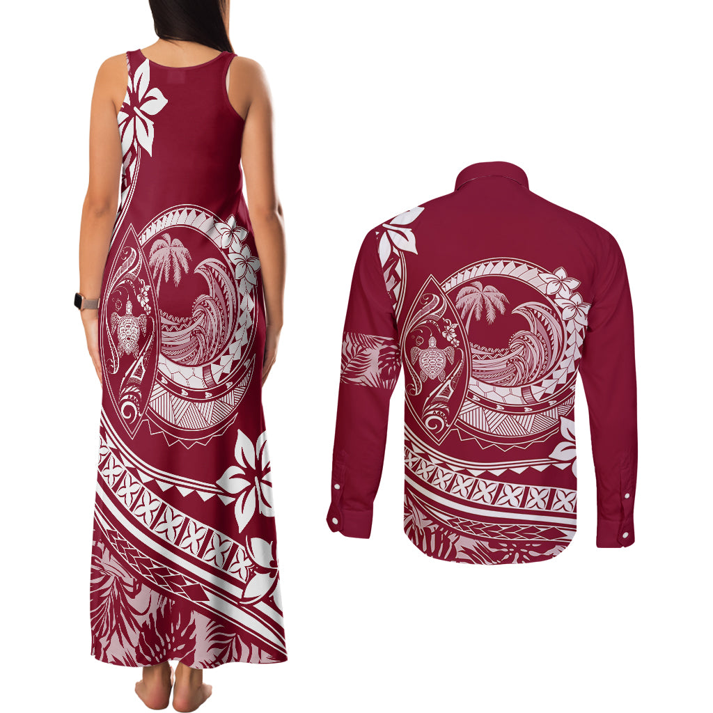 Polynesian Plumeria Couples Matching Tank Maxi Dress and Long Sleeve Button Shirts Ride The Waves - Burgundy LT7 - Polynesian Pride