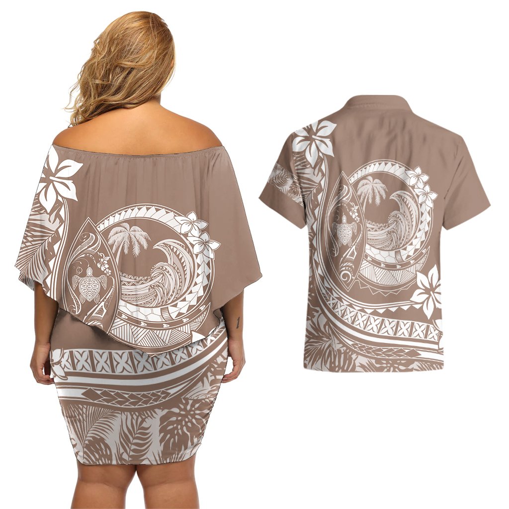 Polynesian Plumeria Couples Matching Off Shoulder Short Dress and Hawaiian Shirt Ride The Waves - Beige LT7 - Polynesian Pride