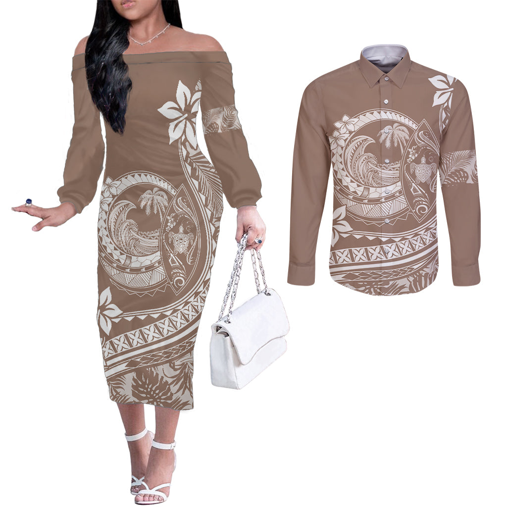 Polynesian Plumeria Couples Matching Off The Shoulder Long Sleeve Dress and Long Sleeve Button Shirts Ride The Waves - Beige LT7 Beige - Polynesian Pride