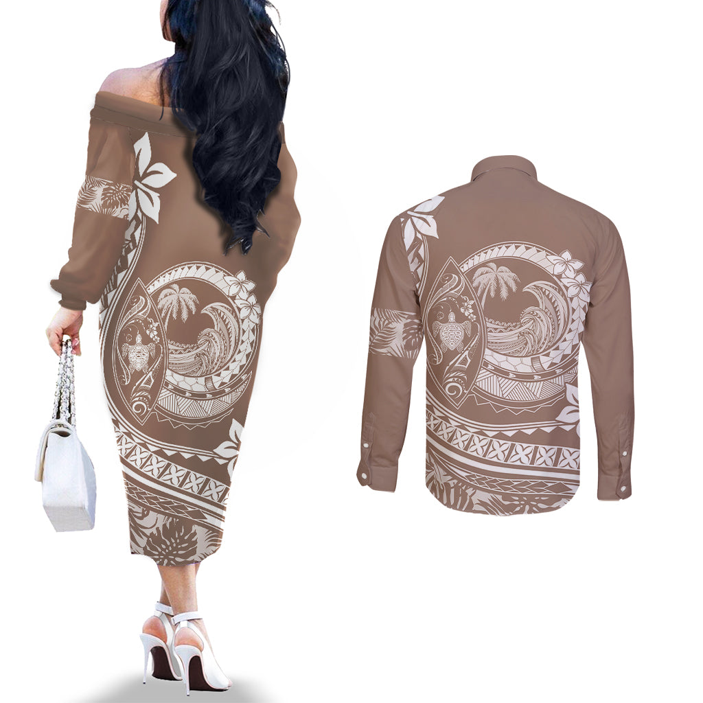 Polynesian Plumeria Couples Matching Off The Shoulder Long Sleeve Dress and Long Sleeve Button Shirts Ride The Waves - Beige LT7 - Polynesian Pride