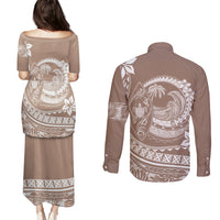 Polynesian Plumeria Couples Matching Puletasi Dress and Long Sleeve Button Shirts Ride The Waves - Beige LT7 - Polynesian Pride