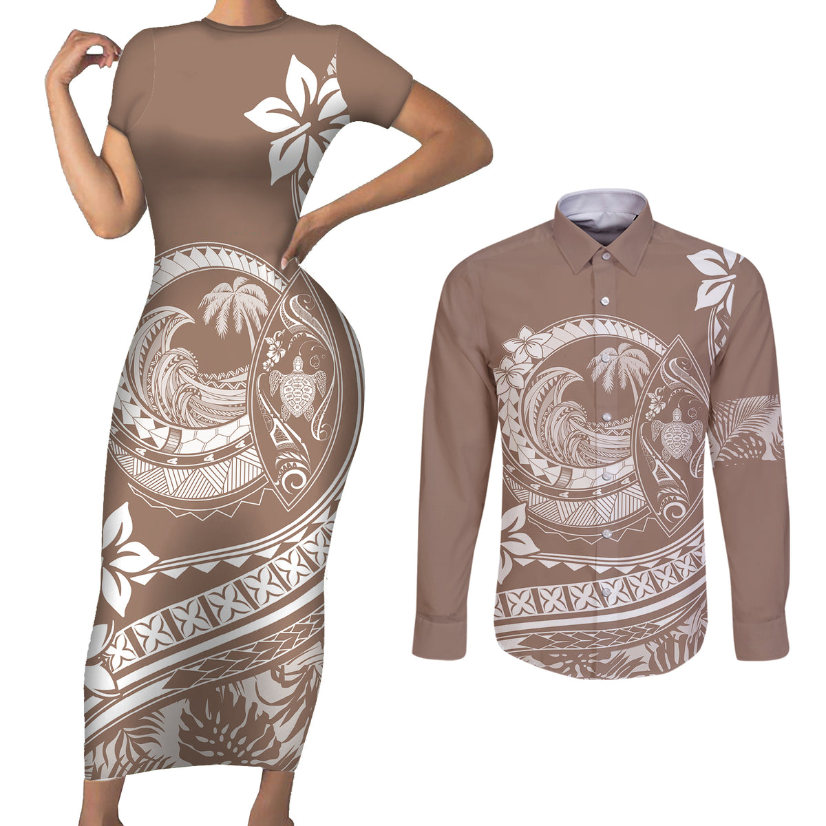 Polynesian Plumeria Couples Matching Short Sleeve Bodycon Dress and Long Sleeve Button Shirts Ride The Waves - Beige LT7 Beige - Polynesian Pride