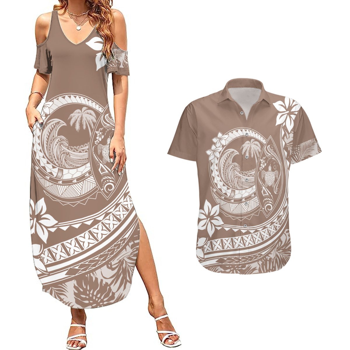 Polynesian Plumeria Couples Matching Summer Maxi Dress and Hawaiian Shirt Ride The Waves - Beige LT7 Beige - Polynesian Pride