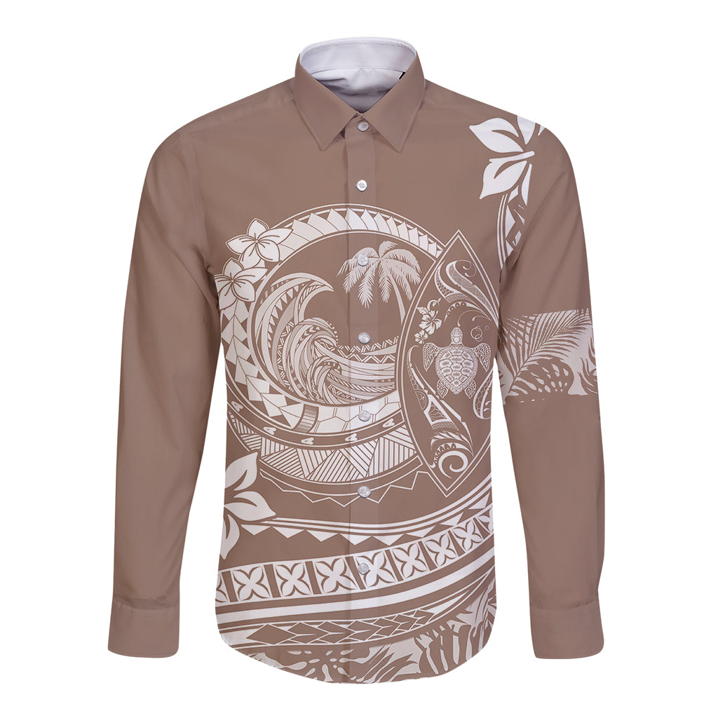 Polynesian Plumeria Long Sleeve Button Shirt Ride The Waves - Beige LT7 Unisex Beige - Polynesian Pride