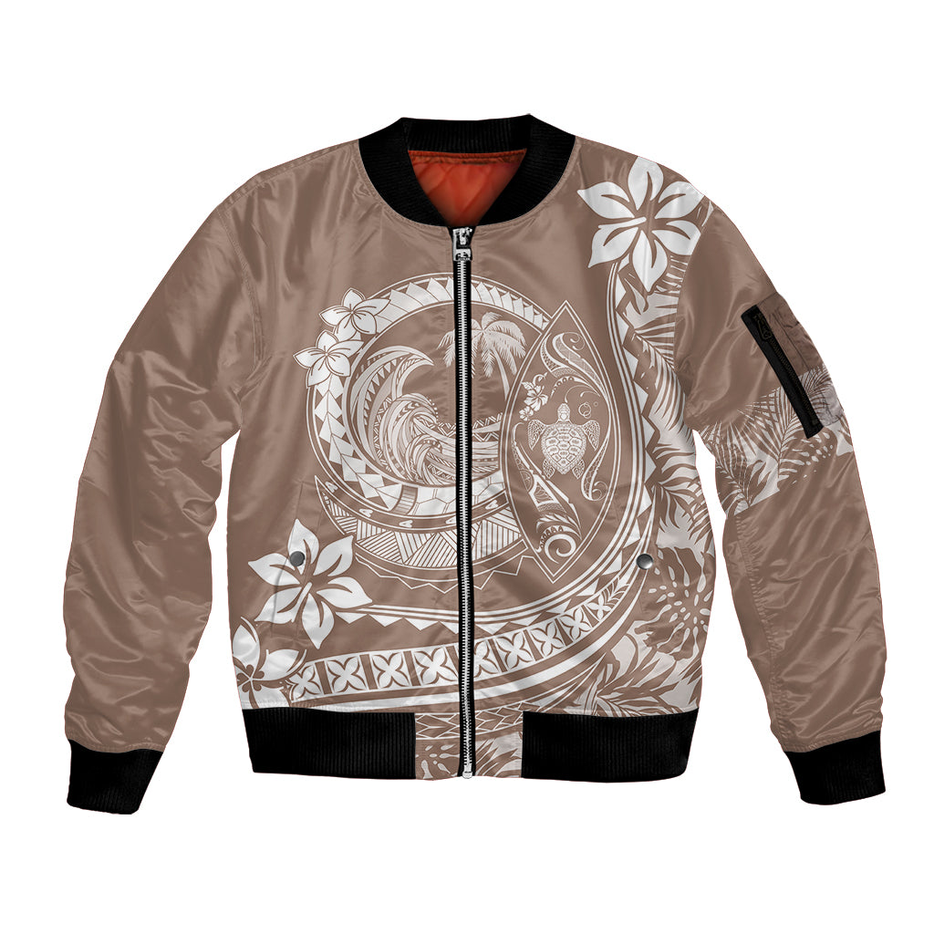 Polynesian Plumeria Sleeve Zip Bomber Jacket Ride The Waves - Beige LT7 Unisex Beige - Polynesian Pride