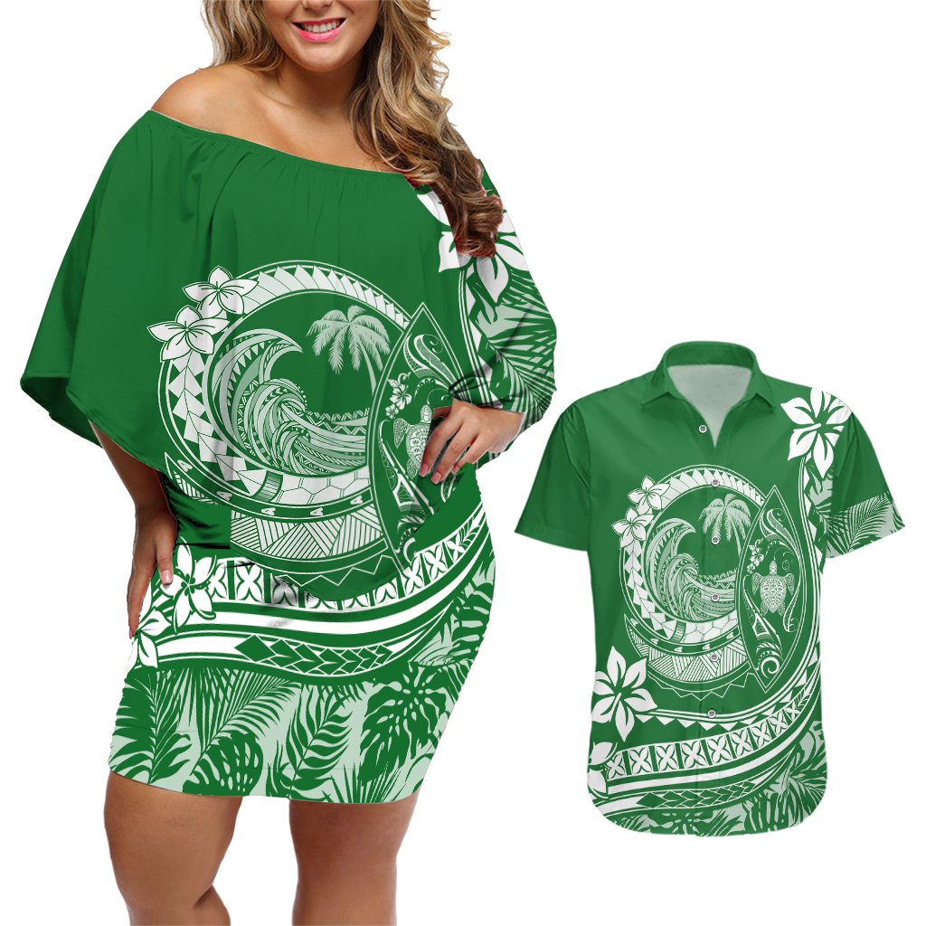 Polynesian Plumeria Couples Matching Off Shoulder Short Dress and Hawaiian Shirt Ride The Waves - Green LT7 Green - Polynesian Pride
