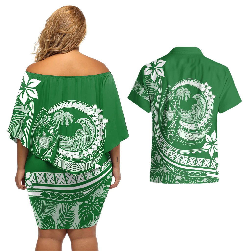 Polynesian Plumeria Couples Matching Off Shoulder Short Dress and Hawaiian Shirt Ride The Waves - Green LT7 - Polynesian Pride
