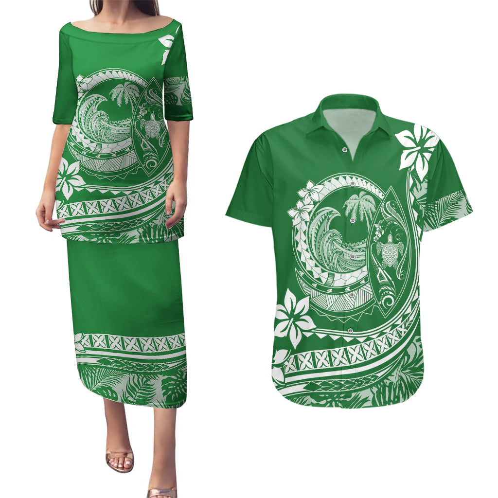 Polynesian Plumeria Couples Matching Puletasi Dress and Hawaiian Shirt Ride The Waves - Green LT7 Green - Polynesian Pride