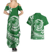 Polynesian Plumeria Couples Matching Summer Maxi Dress and Hawaiian Shirt Ride The Waves - Green LT7 - Polynesian Pride