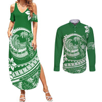 Polynesian Plumeria Couples Matching Summer Maxi Dress and Long Sleeve Button Shirts Ride The Waves - Green LT7 Green - Polynesian Pride