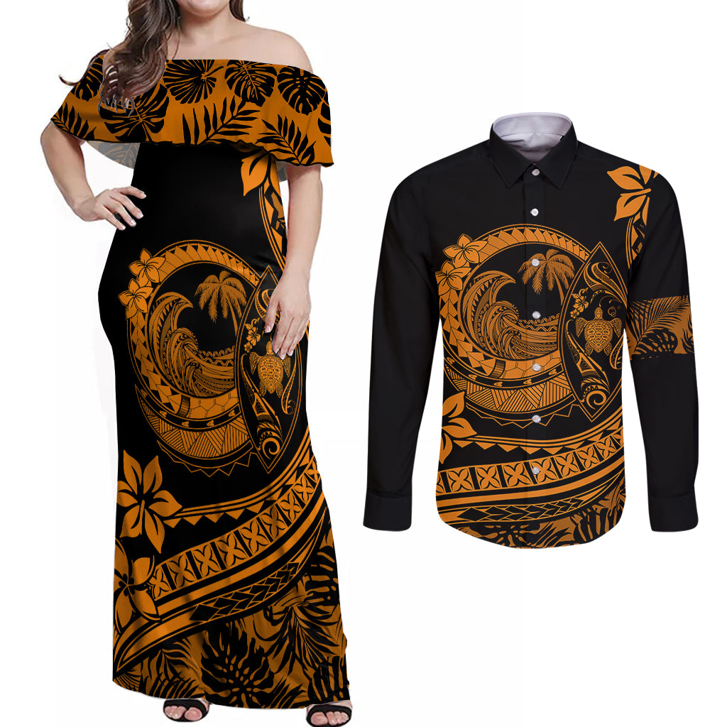 Polynesian Plumeria Couples Matching Off Shoulder Maxi Dress and Long Sleeve Button Shirts Ride The Waves - Orange LT7 Orange - Polynesian Pride