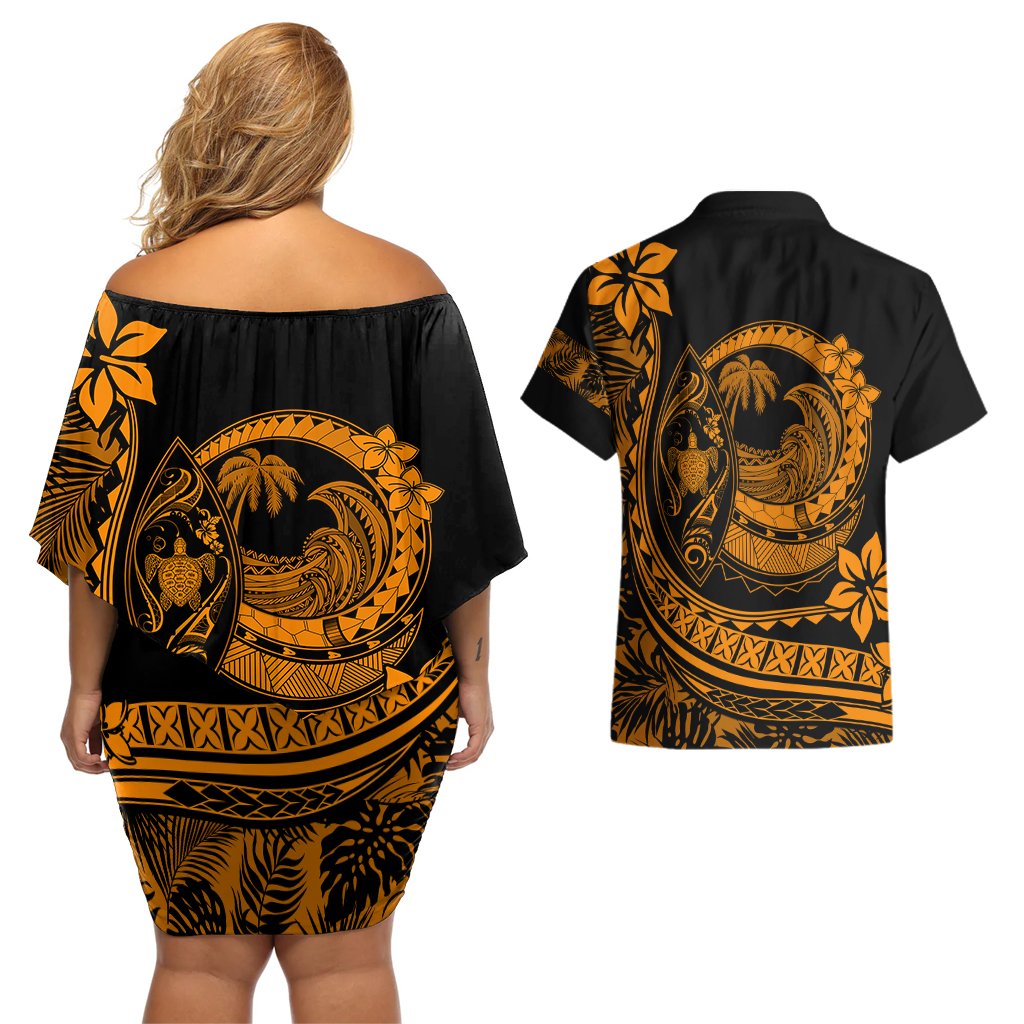 Polynesian Plumeria Couples Matching Off Shoulder Short Dress and Hawaiian Shirt Ride The Waves - Orange LT7 - Polynesian Pride