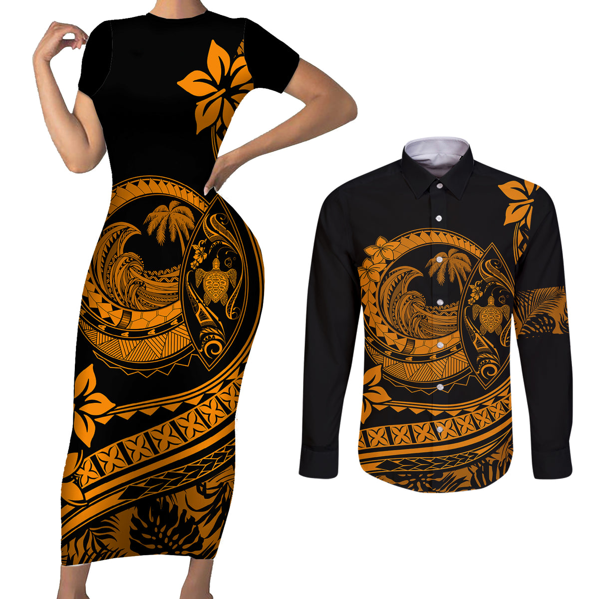 Polynesian Plumeria Couples Matching Short Sleeve Bodycon Dress and Long Sleeve Button Shirts Ride The Waves - Orange LT7 Orange - Polynesian Pride