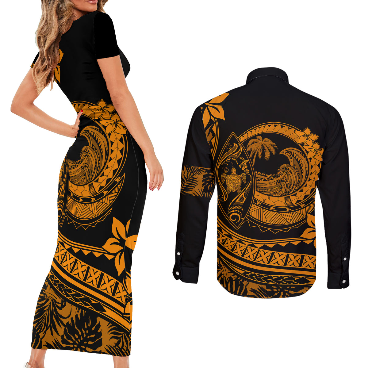 Polynesian Plumeria Couples Matching Short Sleeve Bodycon Dress and Long Sleeve Button Shirts Ride The Waves - Orange LT7 - Polynesian Pride