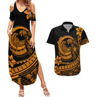 Polynesian Plumeria Couples Matching Summer Maxi Dress and Hawaiian Shirt Ride The Waves - Orange LT7 Orange - Polynesian Pride