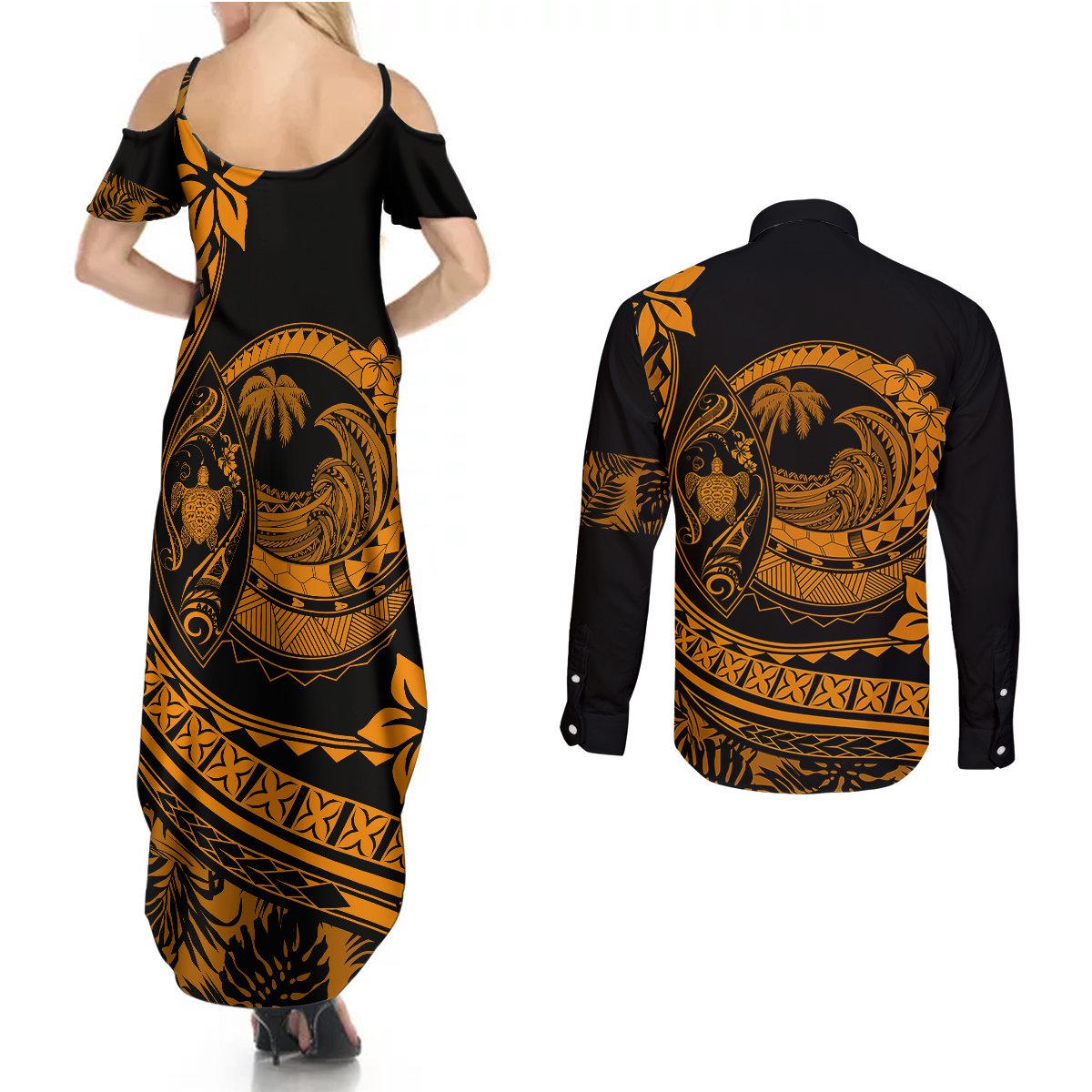 Polynesian Plumeria Couples Matching Summer Maxi Dress and Long Sleeve Button Shirts Ride The Waves - Orange LT7 - Polynesian Pride