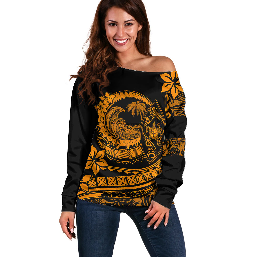 Polynesian Plumeria Off Shoulder Sweater Ride The Waves - Orange LT7 Women Orange - Polynesian Pride