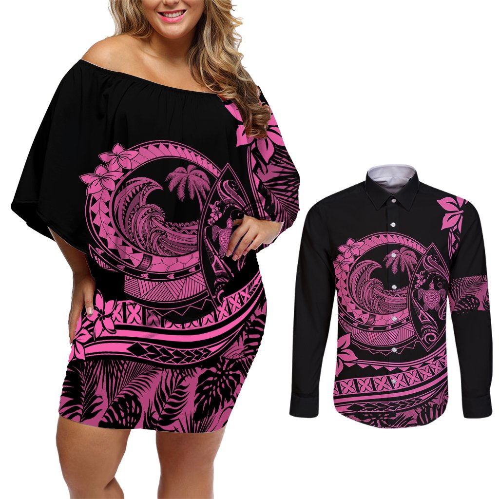 Polynesian Plumeria Couples Matching Off Shoulder Short Dress and Long Sleeve Button Shirts Ride The Waves - Pink LT7 Pink - Polynesian Pride