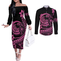 Polynesian Plumeria Couples Matching Off The Shoulder Long Sleeve Dress and Long Sleeve Button Shirts Ride The Waves - Pink LT7 Pink - Polynesian Pride