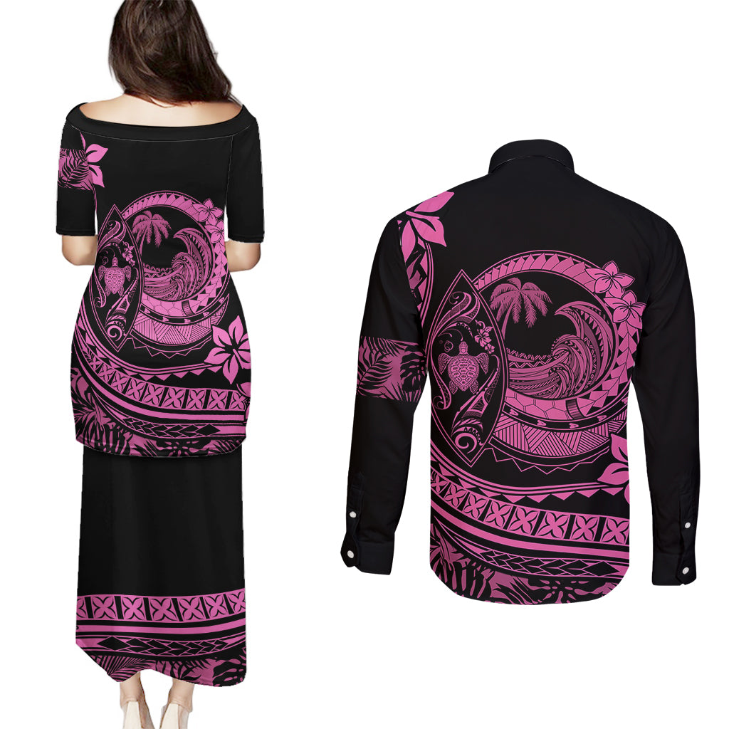 Polynesian Plumeria Couples Matching Puletasi Dress and Long Sleeve Button Shirts Ride The Waves - Pink LT7 - Polynesian Pride