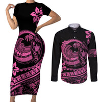 Polynesian Plumeria Couples Matching Short Sleeve Bodycon Dress and Long Sleeve Button Shirts Ride The Waves - Pink LT7 Pink - Polynesian Pride