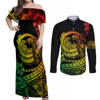 Polynesian Plumeria Couples Matching Off Shoulder Maxi Dress and Long Sleeve Button Shirts Ride The Waves - Reggae LT7 Reggae - Polynesian Pride