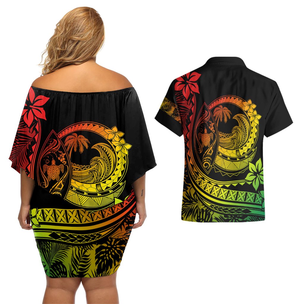 Polynesian Plumeria Couples Matching Off Shoulder Short Dress and Hawaiian Shirt Ride The Waves - Reggae LT7 - Polynesian Pride