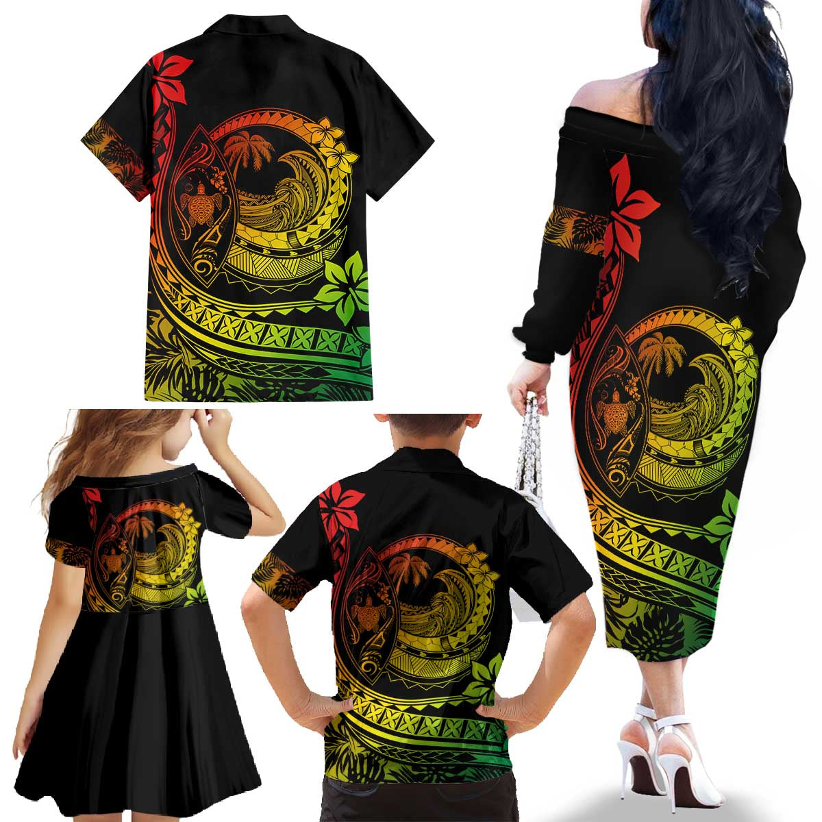 Hawaii Family Matching Outfits Polynesian Plumeria Off Shoulder Long Sleeve Dress And Shirt Family Set Clothes Ride The Waves - Reggae LT7
