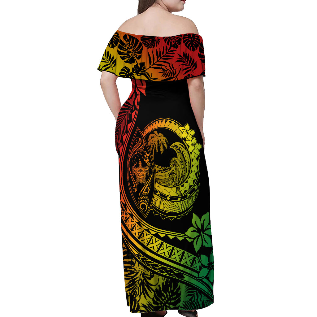 Polynesian Plumeria Off Shoulder Maxi Dress Ride The Waves - Reggae LT7 - Polynesian Pride